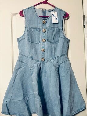 Blue Denim Mini Dress with Decorative Buttons - blue b